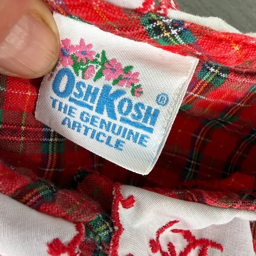 VTG OshKosh B'gosh Toddler Girls Red Plaid Christmas Blouse Embroidered Collar